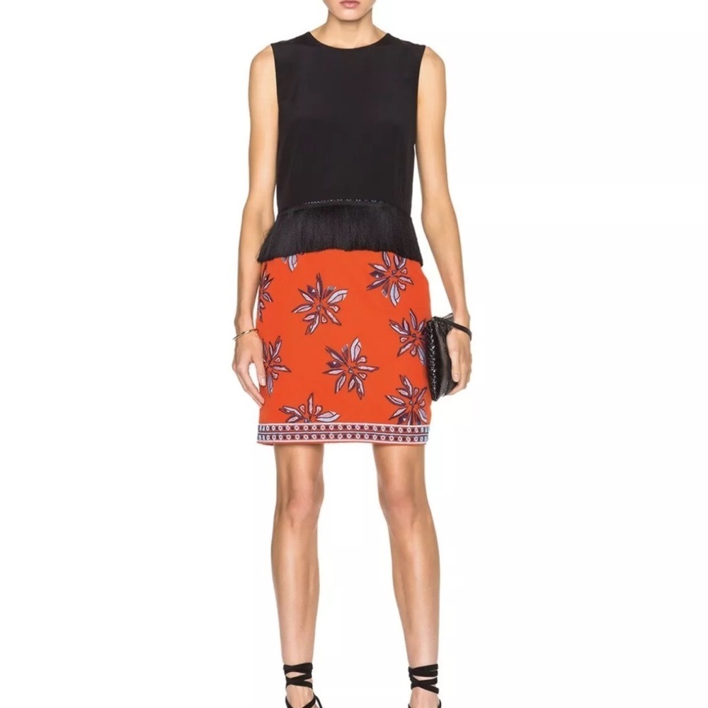 Elle Sasson Skirt Francesca Beaded & Embroidered Linen-Blend Orange & Blue Sz 6